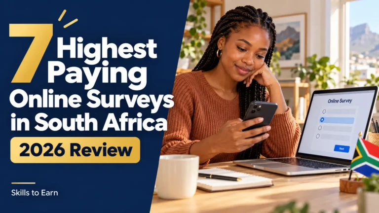Woman using a smartphone beside a laptop showing an online survey, with a South African flag on the desk.